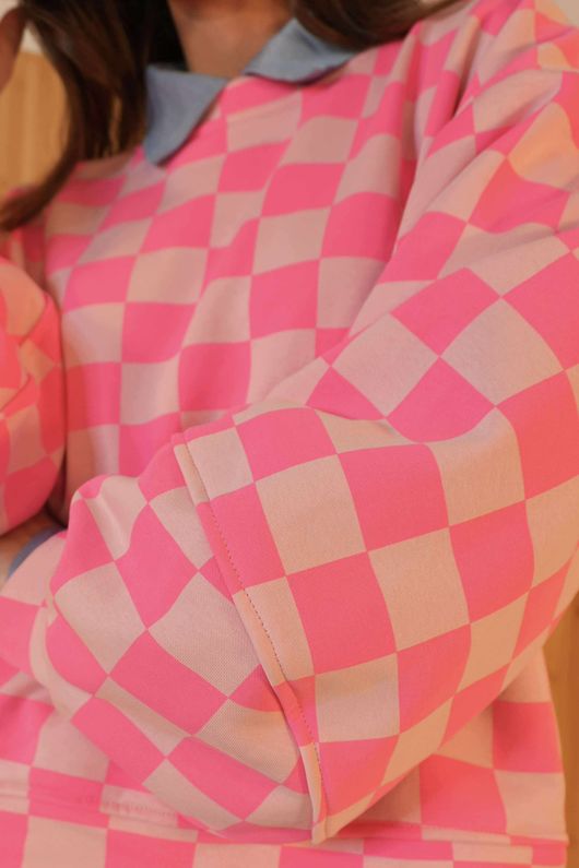 Check Mate Lantern Sleeve Sweat Hot Pink Blush